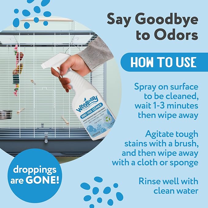 Wee Away Bird Cage Cleaner for Small Cages, Droppings Remover, Enzyme Cleaning Spray for Perches, Feeders, and Walls, Unscented, 16 fl oz