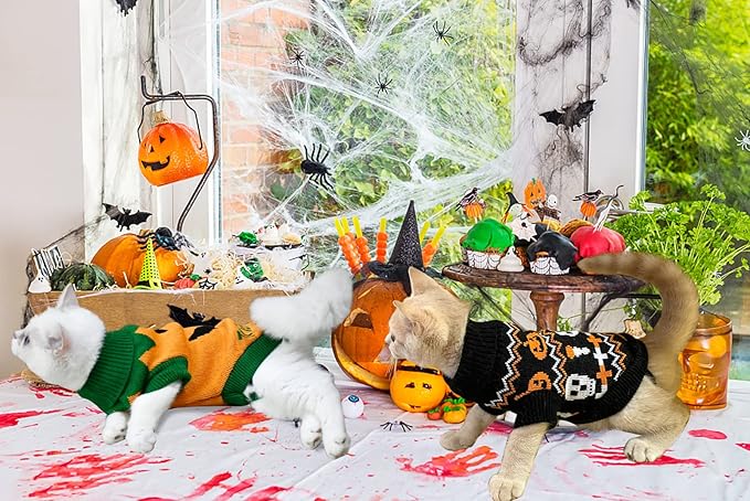 Vehomy 2Pcs Pet Halloween Sweaters Dog Halloween Pumpkin Sweater Kitten Cat Holiday Theme Turtleneck Knitwear Shirt with Pumpkin Skull Patterns Dog Puppy Halloween Costume Clothes for Small Dogs L