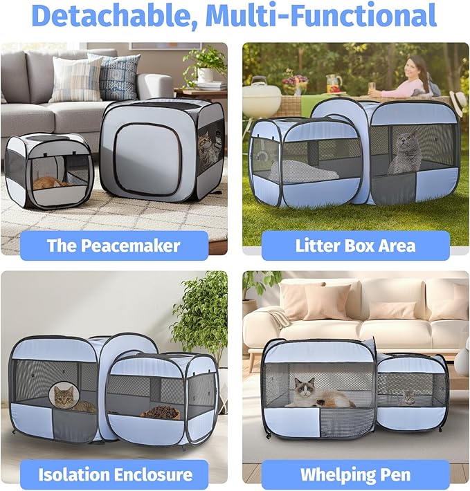EighteenTek® 2-in-1 Portable Cat Playpen, Detachable into 2 Separate Cages with Additional 2 Doors, Pop up Pet Play Pen Cat Tent House, Foldable Puppy Enclosure Kitten Crates Indoors Outdoor(Grey)