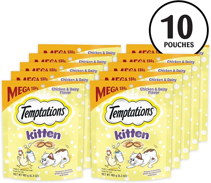 Temptations Kitten Treats Classic Crunchy and Soft Cat Treats, Chicken and Dairy Flavor, 6.3 oz. Pouch (Pack of 10)