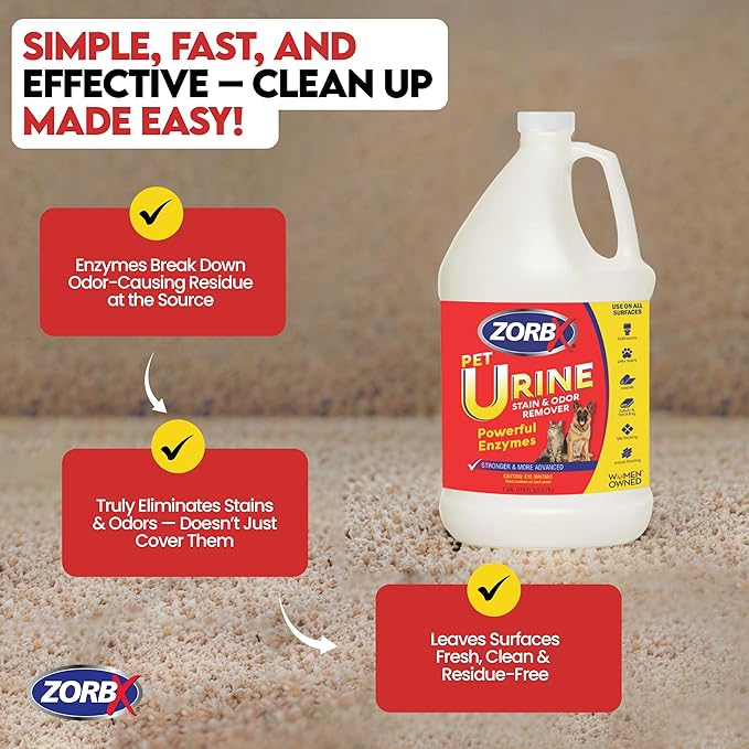 ZORBX Pet Urine Stain and Odor Remover Spray 128 FL Oz - Dog, Cat Urine Enzyme Odor Destroyer - Perfect Solution for Unpleasant Urine Odor and Stain Remover - Hardwood Floors & Carpet Cleaner