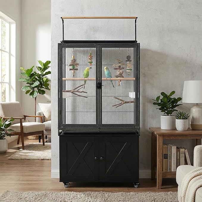 beeNbkks 65" Bird Cage with Storage Cabinet & Clear View Front Doors, Rolling Metal Parakeet House with Stand, Large Parrot Aviary for Cockatiels Conures Budgies, 0.5" Bar Spacing, Deep Grey