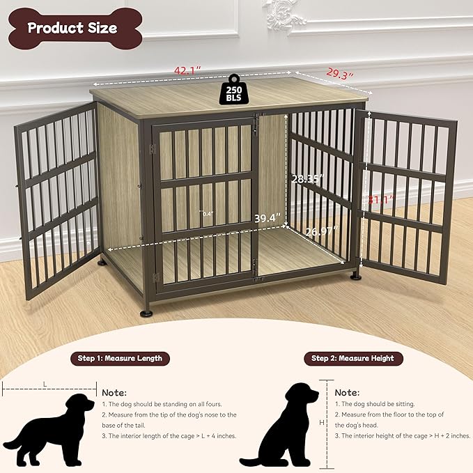 42'' Dog Crate Furniture Large Breed Dog Crate Dog Kennels for Inside Wooden Dog Crates End Table Heavy Duty Indoor Combination Cage for Medium to Large Dogs Maple