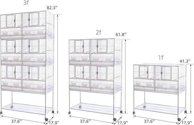1F/2F/3F Stackable Center Divided Breeder Breeding Bird Flight Double Rolling Cage for Aviaries Canaries Cockatiels Lovebirds Finches Budgies Small Parrots. (White Vein, 3F)