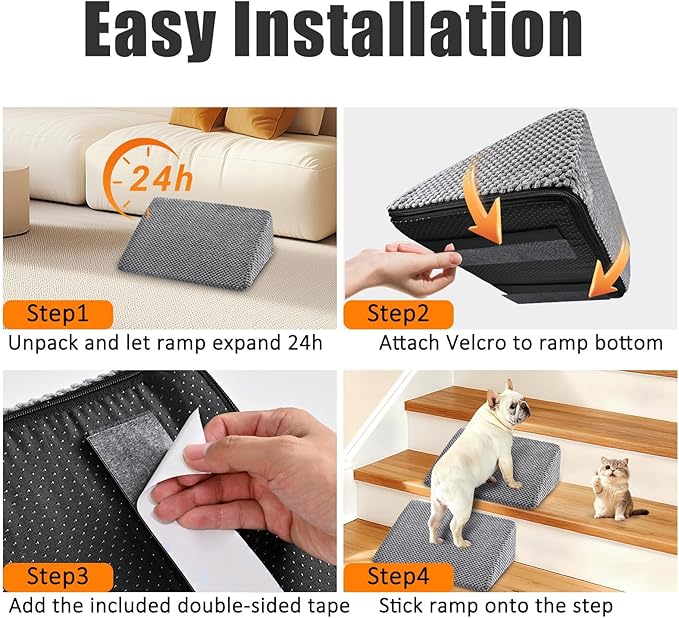 Dog Ramp for Stairs for Small & Senior Dogs and Cats – Non-Slip Stair Wedges for Dogs with Gentle Slope, Pet Ramp with Washable Cover & Self-Sticky Pads for Safe Climbing (Gray, 1 Pack)