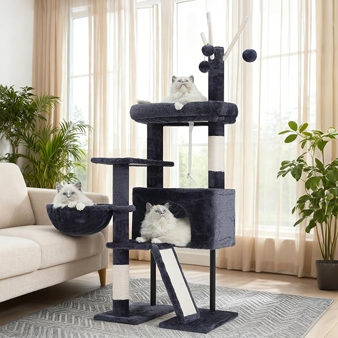 Cat Tree for Indoor Cats, Cat Tower with Scratching Post for Small Cats and Kittens, Cat House with Removable Top Platform and Fluffy Balls, Hanging Cat Basket, Smoky Gray GCT006SG