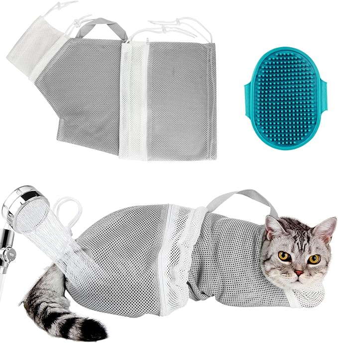 Cat Bag for Bathing Set with Cat Grooming Washing Bag Adjustable Pet Shower Brush - Cat Bathing Mesh Bag Anti Scratch Anti Bite Soft Durable for Cats & Dogs Restraint Grooming Nail Trimming Washing