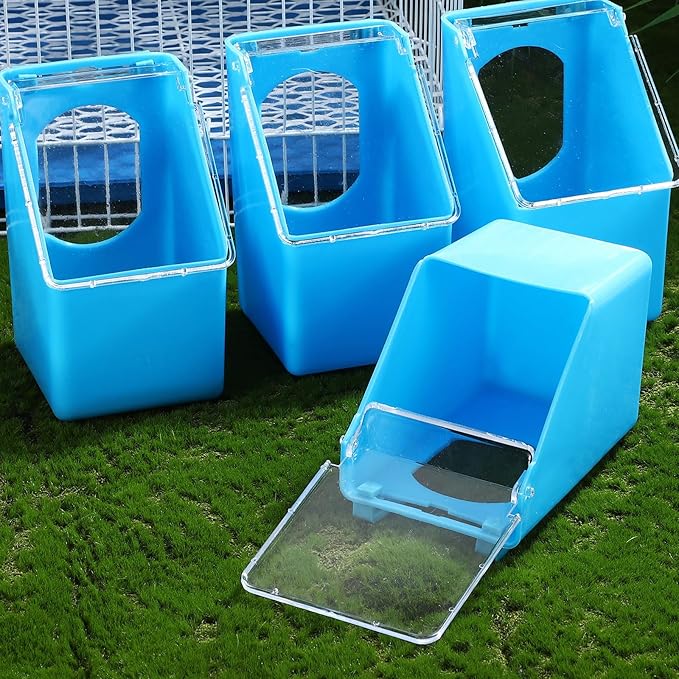 4Pcs Hanging Bird Feeder Boxes with Lid, Multi-Function Pigeon and Quail Food Dispenser, Blue Cage Feeder Bowls for Bird Feeding and Watering Supplies