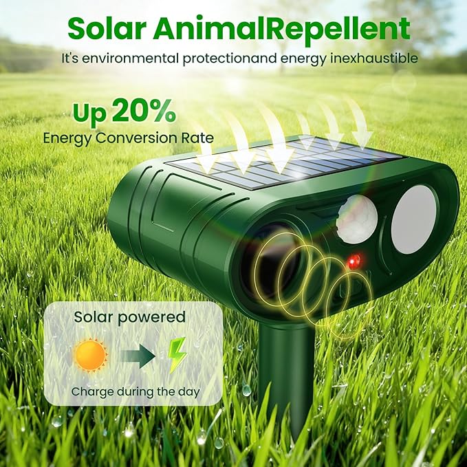 2026 Upgraded Solar Ultrasonic Animal Repellent Outdoor Deer Cat Repellent with Motion Sensor Flash Light,IP65 Waterproof Repeller Keep Rodent Squirrel Raccoon Opossum Skunk Out of Yard Farm (2)