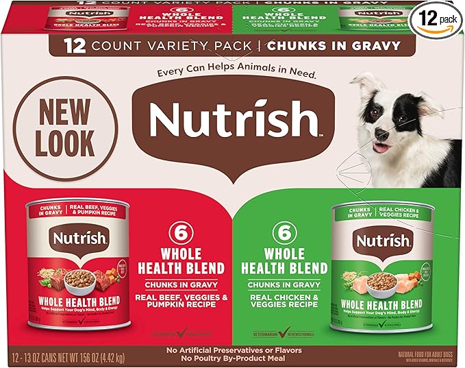 Nutrish Whole Health Blend Chunks in Gravy Variety Pack Wet Dog Food, 13 oz. Can, 12 Count (Rachael Ray)