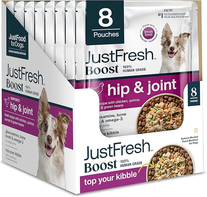 JustFoodForDogs JustFresh Boosts Hip & Joint Support Dog Food Topper with Glucosamine, Bone Broth, and Omega-3 Fatty Acids, 8 oz Pouches - 8 Pack