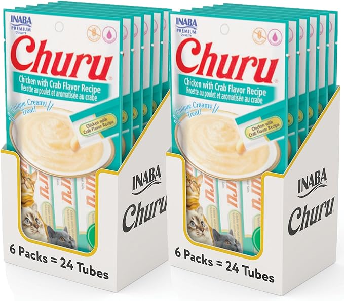 INABA Churu Cat Treats, Grain-Free, Lickable, Squeezable Creamy Purée Cat Treat/Topper with Vitamin E & Taurine, 0.5 Ounces Each Tube, 48 Tubes (4 per Pack), Chicken with Crab Recipe