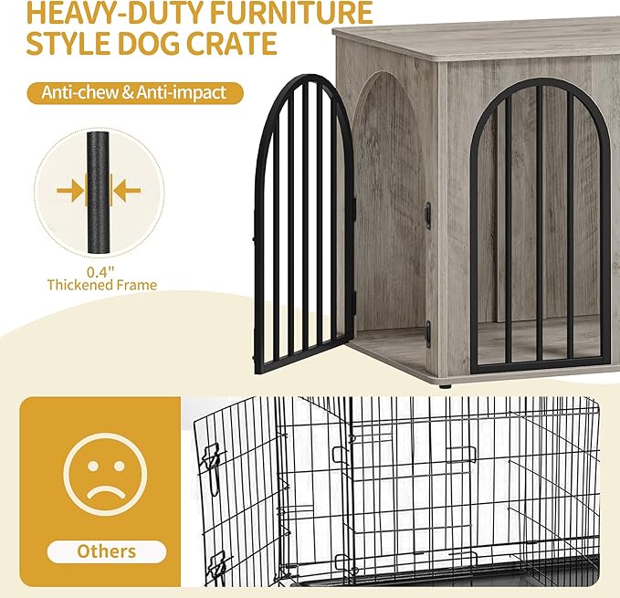 31.5'' Wooden Dog Crate Furniture, Indoor Dog Kennel Dogs Cage for Small/Medium Dogs, Heavy Duty Dog Crates Decorative Pet House End Side Table TV Stand, Greige Black DFC85105B
