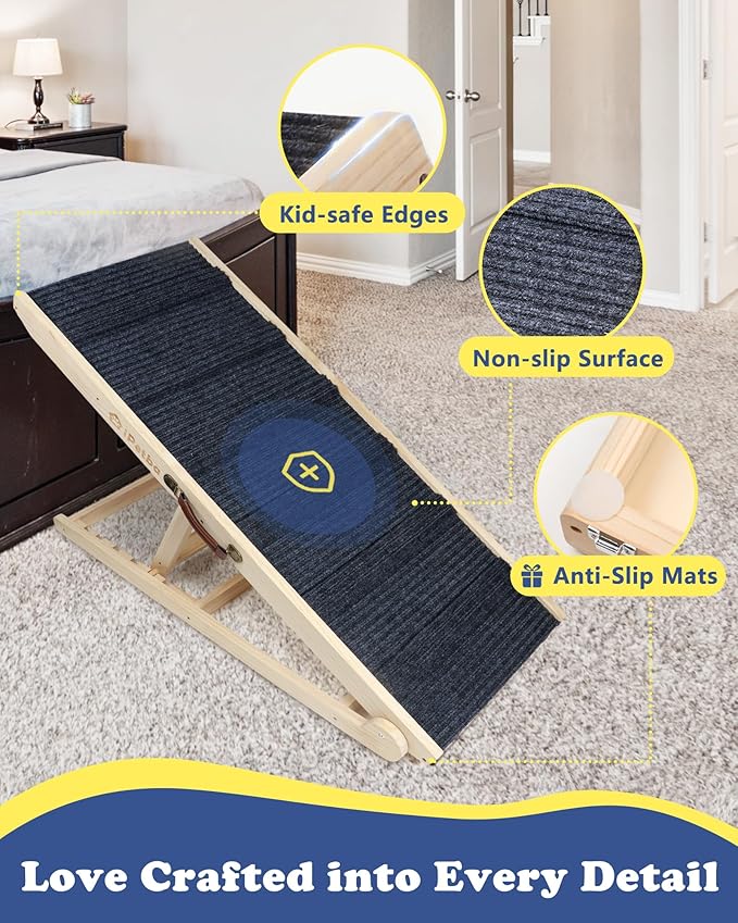 Dog Ramp for Bed & Couch for Large Dogs - Joint-Friendly, Anti-Slip, Adjustable, Extra Wide & Stable, Up to 200 lbs