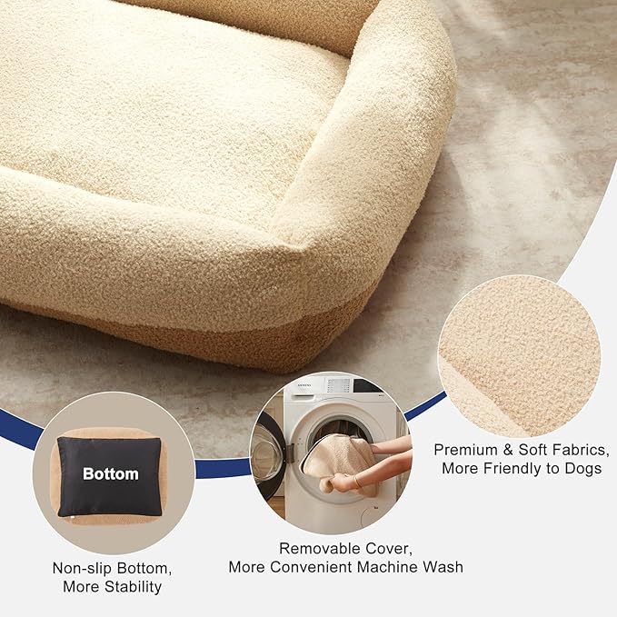 FURTIME Washable Small Dog Bed, Rectangle Comfy Fluffy Kitten Puppy Bed, Removable Zipper Cover Machine Wash, Soft Breathable Orthopedic Bed Durable Pet Cuddler with Anti-Slip Bottom, 20"x19"x6",Beige