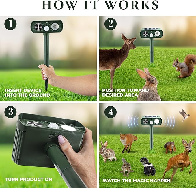 Solar Powered Ultrasonic Animal Repellent, Waterproof Motion Detection System, Yard Farm Garden Outdoor Deterrent Squirrel Rabbit Bird Dog Cat with LED Flashing Lights