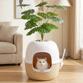 Hidden Cat Litter Box with Faux Plant, Odor Control Litter Box Enclosure Furniture with Artificial Planter and Scoop, Easy to Assemble and Clean, White & Khaki