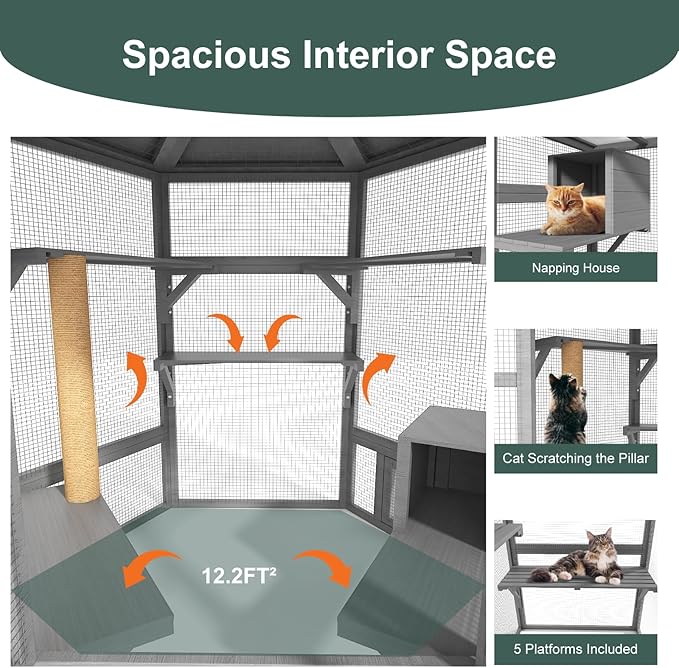 Catio Outdoor Cat Enclosure,Large Cat House Kitty Cage,Indoor Outdoor Cats Outside Patio for Cats with Window Access & Waterproof Roof, Multiple Platforms & Scratching Post, 65" Grey