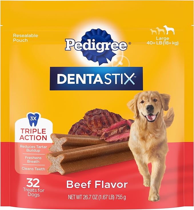 Pedigree Dentastix Dog Dental Treats, Large Breed Dog Treats, Beef Flavor, 1.67 lb. Bag (32 Treats Total)