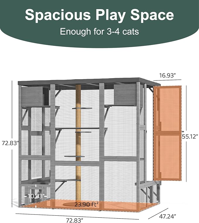 Large Catio Outdoor Cat Enclosure, Wall-Mounted Window Catio for Multiple Cats with Cats House, Multi-Level Platform, Scratching Post and Waterproof Cover, Outside Kitty Enclosure, Grey