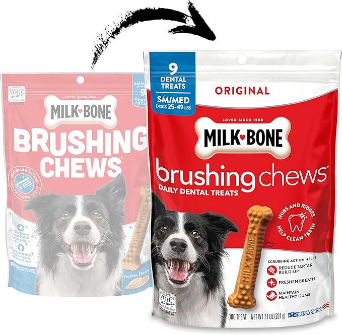 Milk-Bone Original Brushing Chews, Small/ Medium Daily Dental Dog Treats, 9 Count (Pack of 5) Scrubbing Action Helps Clean Teeth
