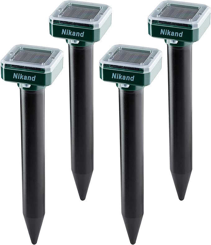 NIKAND Solar Mole Repellent Ultrasonic 4 Pack Outdoor Powered Sonic Deterrent - Mole Stopper Scare Vole for Lawn Garden Yard Home - Groundhog Repeller Snake Rodent Gopher Spikes Chaser Pest (4 Pack)