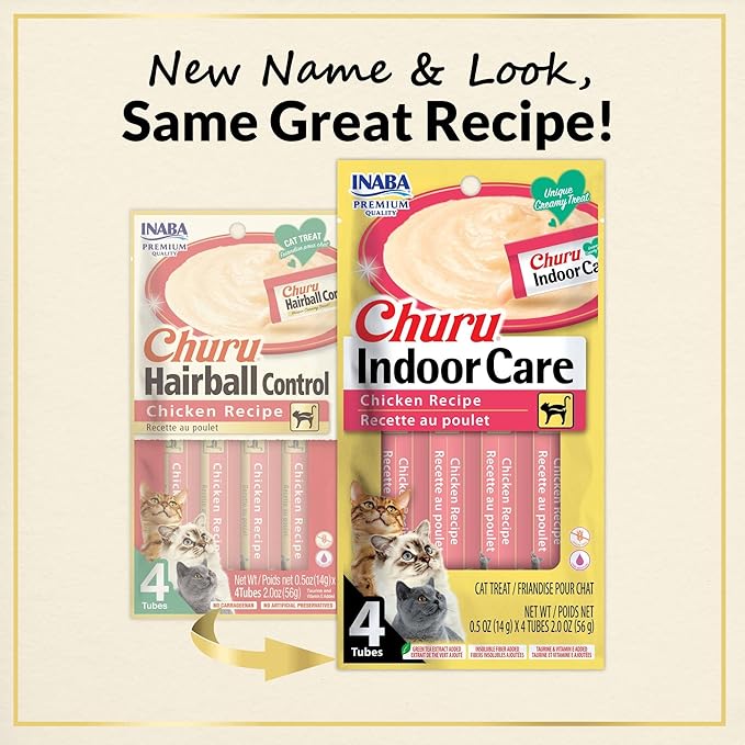 INABA Churu Hairball Control, Functional, Creamy Lickable Purée Cat Treat with Taurine & Vitamin E, 0.5 Ounces Each, 24 Tubes (4 per Pack), Chicken Recipe - Packaging May Vary*