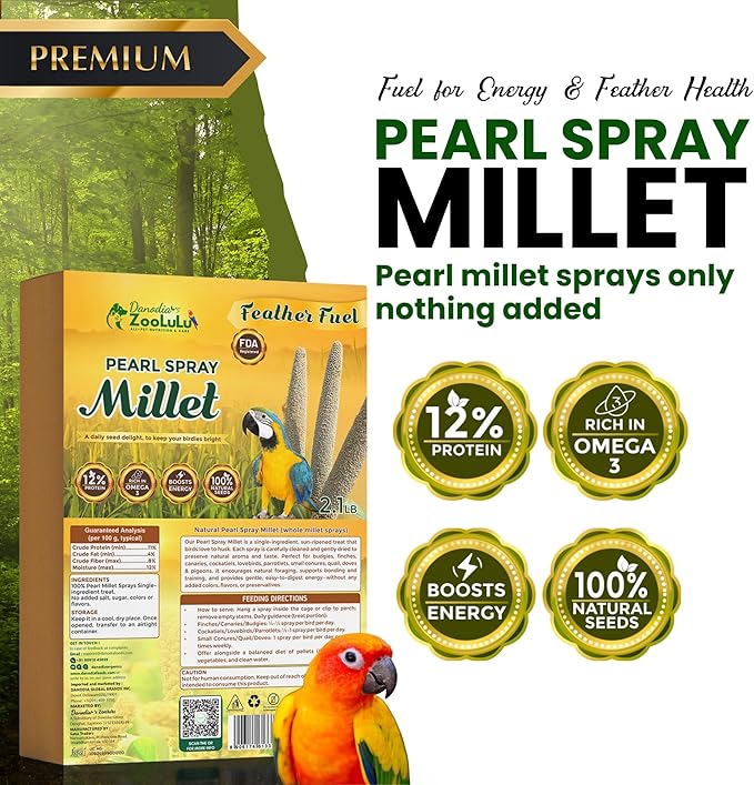 Danodia's Zoolulu Pearl Spray Millet for Birds – 600g (1.3 lbs) | All-Natural, Sun-Dried Non-GMO Treats | Hand-Selected for Parakeets/Budgies, Finches, Canaries, Cockatiels & Lovebirds