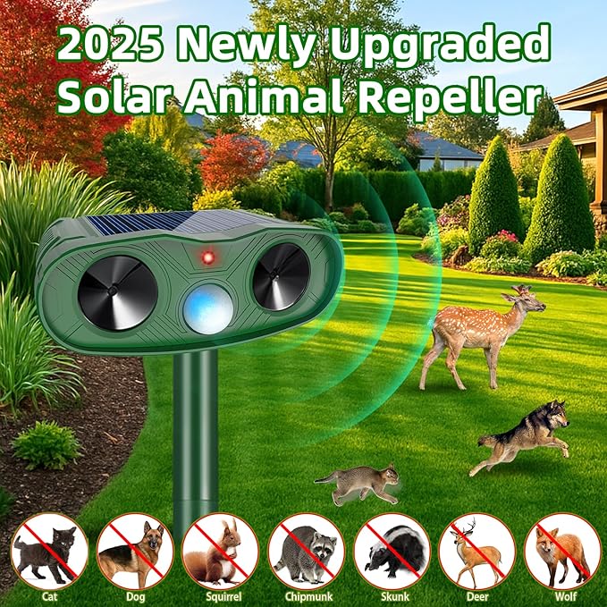 2025 Solar Ultrasonic Animal Repellent Sonic Fortress Pro Raccoon Repellent Cat Repeller Deer Deterrent with Motion Sensor to Keep Squirrel Rabbit Dog Skunk Out of Garden Yard(4Pack)