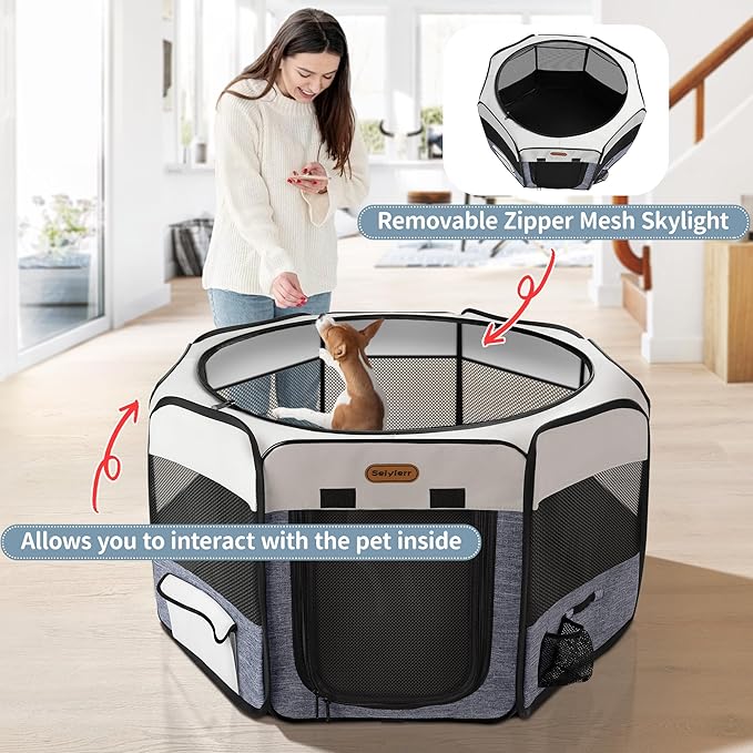 Dog Playpen, Portable Pet Play Pen Foldable Carrying Case, Puppy Pens Outsid for Small Cat Indoor/Outdoor, Removable Mesh Shade Cover