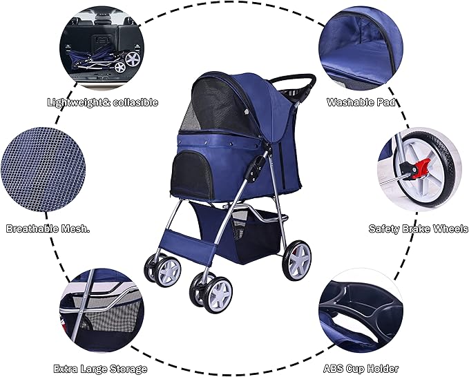 Elevon Pet Stroller, 4 Wheels Multifunction Dog Cat Stroller, Folding Portable Travel Stroller with Detachable Carrier, Suitable for Medium Small Dogs Cats, Blue
