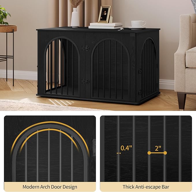 39.4" Wooden Dog Crate Furniture, Indoor Dog Kennel Dogs Cage for Small/Medium/Large Dogs, Heavy Duty Dog Crates Decorative Pet House End Side Table TV Stand, Black DFC84104B