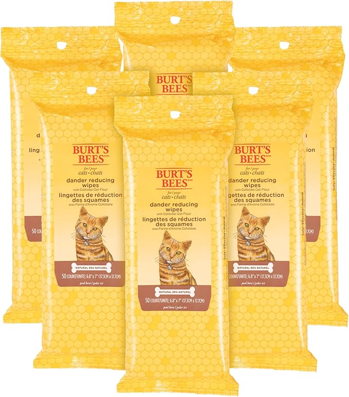 Burt's Bees for Pets Cat Dander Remover Wipes, Unscented Soft Grooming Cloths with Colloidal Oat Flour + Aloe, Helps Reduce Flaking Between Baths for Cats & Kittens, 50 Count - 6 Pack