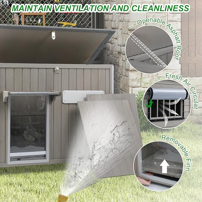 Dog House Outdoor Weatherproof & Wooden Dog Kennel with Chew-Proof Iron Frame，Removable Floor, Adjustable Vent Window, Easy Assembly for Medium Dogs (43.3" L x 29.5" W x 33.5" H)
