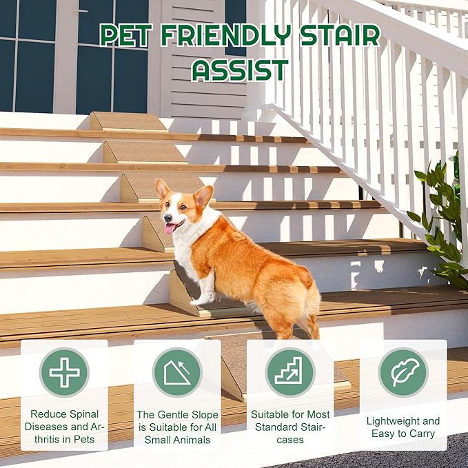 4 Pack Dog Ramp for Stairs with Anti-Slip Brown Carpet, Lightweight Wooden Pet Ramp Suitable for Small & Medium Dogs, Portable Dog Stairs to Assist Elderly and Injured Pets