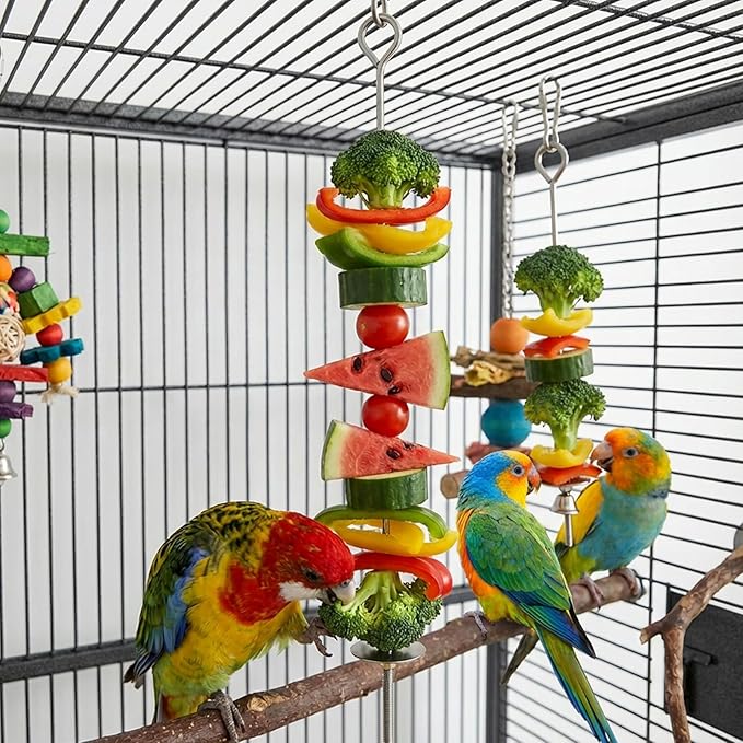Bird Cage Food Holder - 2 Pcs Stainless Steel Parrot Fruit Vegetable Skewer Bird Cage Feeder, Birds Foraging Toys with Hooks for Parakeets, Budgies, Macaws