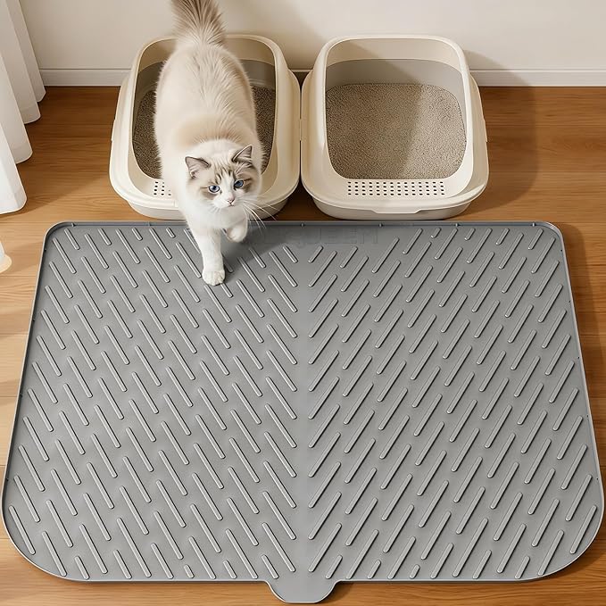 Cat Litter Box Mat, 47" x 37" Extra Large Cat Litter Mat, Silicone Waterproof Litter Trapping Mat for Scatter Control Soft on Kitty Paws Non-Slip Easy to Clean（Grey)