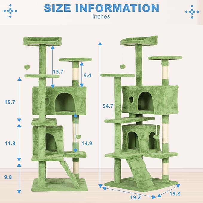 FDW | 54" Cat Tree Tower | Green | Multi-Level Indoor Activity Center with Sisal Scratching Posts, Condos, Plush Perches, Hanging Cat Toys | Sturdy, Easy to Assemble | for Kittens & Adult Cats