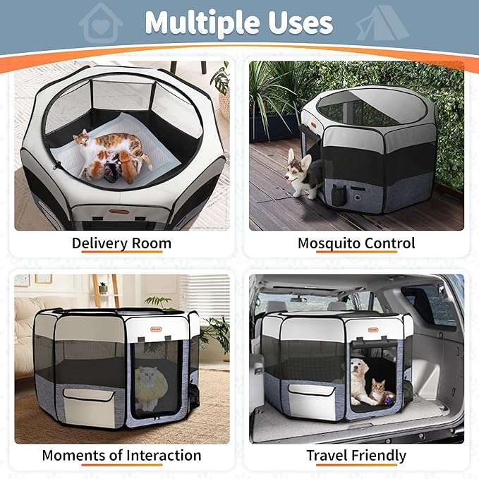 Dog Playpen, Portable Pet Play Pen Foldable Carrying Case, Puppy Pens Outsid for Small Cat Indoor/Outdoor, Removable Mesh Shade Cover