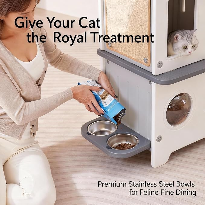 Outdoor Cat House with Insulated Liner, Weatherproof for Feral Multi Cat, 2 Story Plastic Elevated Cat Shelter with Escape Door, Scratching Post, Stainless Steel Bowl, Grey 35" D x 15" W x 20" H
