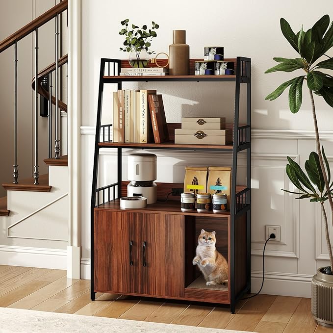 PETSITE Cat Litter Box Enclosure with Storage Shelves, 52 Inches Tall Hidden Litter Box with Charging Station, Scratching Board, and Winding Entry (Walnut)