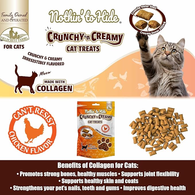 Fieldcrest Farms Nothin’ to Hide Collagen Cat Treats – Crunchy & Creamy Cat Snacks, High-Protein Treats for Healthy Skin, Coat & Joints, Chicken Flavor, 3 oz.