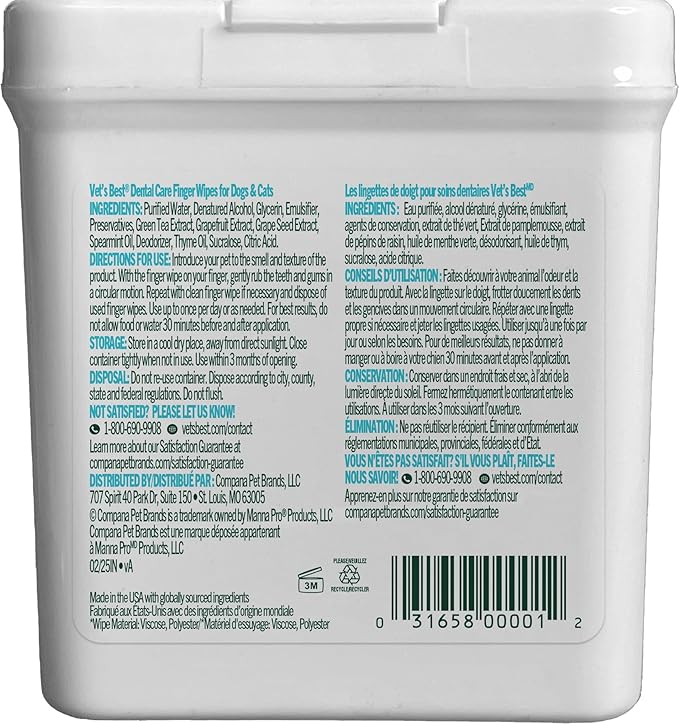 Vet's Best Finger Dental Wipes for Dogs & Cats–Oral Care Wipes for Teeth Cleaning, Fresh Breath, and Tartar Control – Gentle Finger Pads for Pet Dental Hygiene and Plaque Removal,50 Count(Pack of 2)