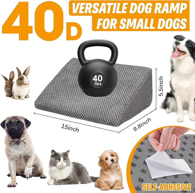 40D Dog Ramp for Stairs for Small & Senior Dogs and Cats – Non-Slip Stair Ramp for Dogs with Gentle Slope, Pet Ramp with Washable Cover & Self-Sticky Pads for Safe Climbing Easy Install(Grey, 3 Pack)