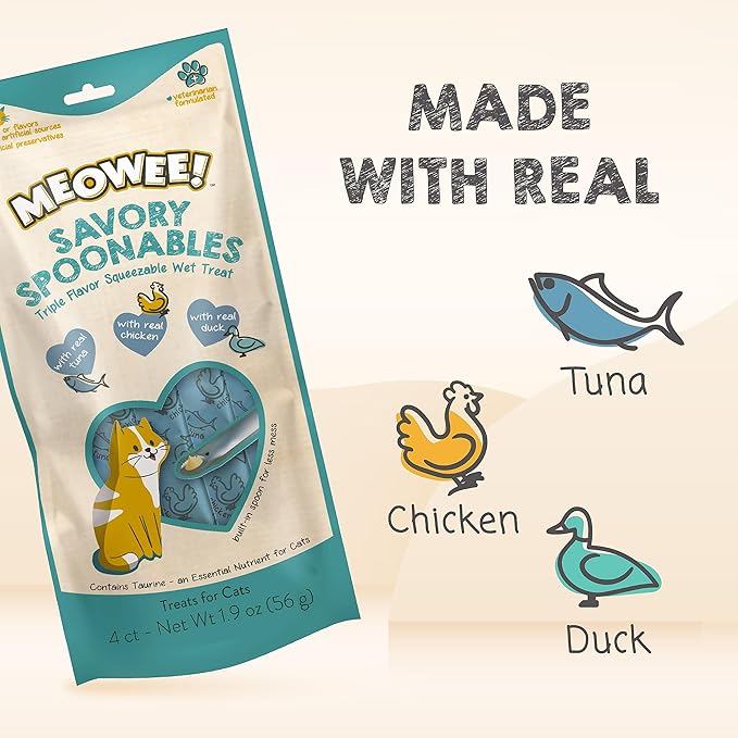 Savory Spoonables with Real Tuna, Chicken & Duck, 4 Count Tube, Triple Flavor Squeezable Lickable Wet Treats for Cats with Built-in Spoon for Less Mess (Pack of 2)