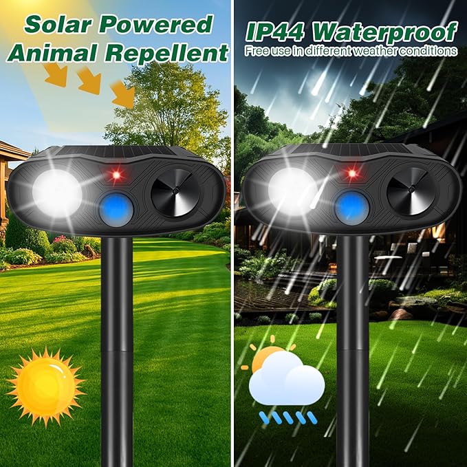 Solar Ultrasonic Animal Repeller Racoon Sonic Fortress Pro Cat Repellent Outdoor, Dog Repellent for Yard with Motion Sensor&Flash Light to Scare Deer Rabbit Coyote Squirrel Out of Garden Farm(4Pack)