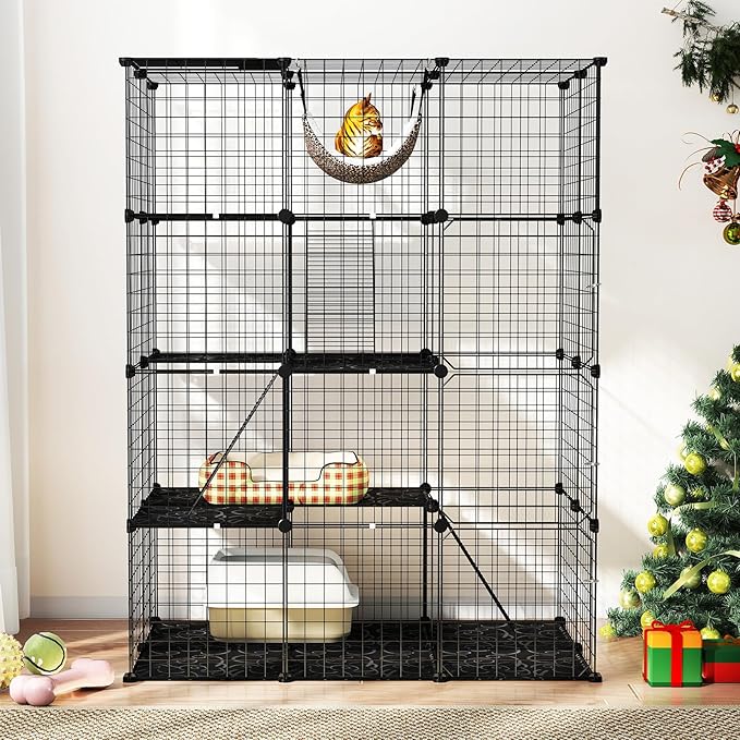 Tangkula Cat Cages Indoor, 56" Large 4-Tier Cat Enclosure with Skylight, Hammock, 3 Ladders, Detachable Metal Wire Kennel with 4 Lockable Doors, DIY Cat Crate & Pet Playpen Catio for 1-4 Cats
