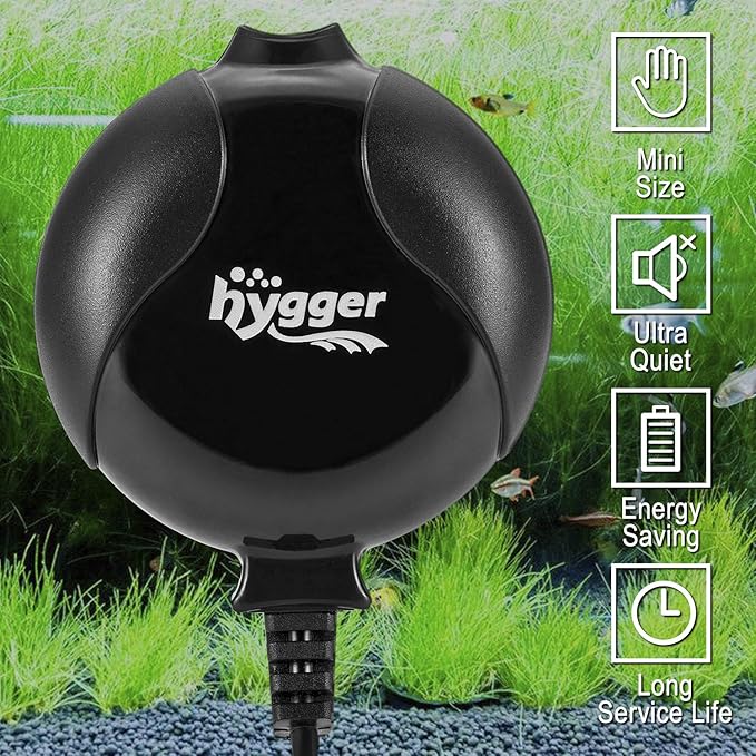 hygger Quiet Mini Air Pump for Aquarium 1.5 Watt Oxygen Fish Air Pump for 1-15 Gallon Fish Tank with Air Stone Air Tubing Clip Black