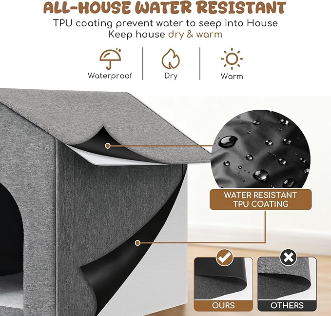 Insulated Outdoor Cat House Weatherproof, Winter Cat Dog Houses for Outdoor Cats with Heated-Foil, Waterproof Feral Stray Cat Shelter with Door Curtain and Warm Mat, Easy to Assemble, Grey