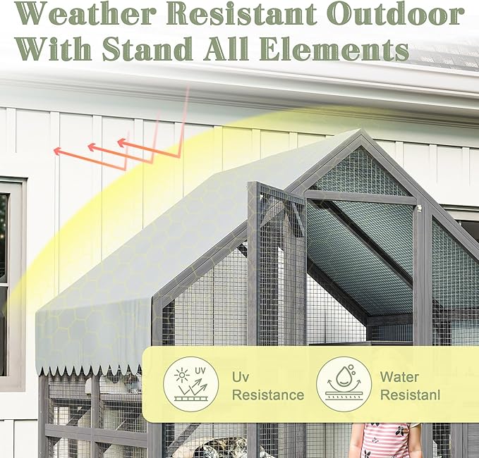 KEIKI 74" Large Outdoor Cat Enclosure for Multiple Cats, Weatherproof Wooden Catio with Platforms, Resting Boxes, Bridges and Canopy, Outdoor Cat House Cat Cage Outdoor, Gray